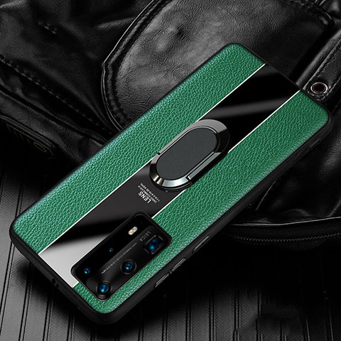 Coque Silicone Gel Motif Cuir Housse Etui avec Support Bague Anneau Aimante Magnetique S04 pour Huawei P40 Pro+ Plus Vert