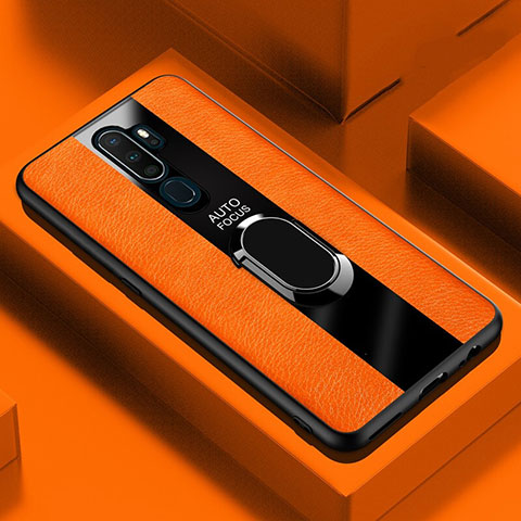 Coque Silicone Gel Motif Cuir Housse Etui avec Support Bague Anneau Aimante Magnetique S04 pour Oppo A11X Orange