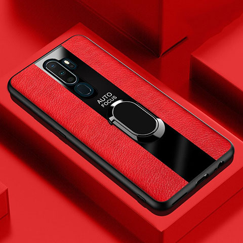 Coque Silicone Gel Motif Cuir Housse Etui avec Support Bague Anneau Aimante Magnetique S04 pour Oppo A11X Rouge