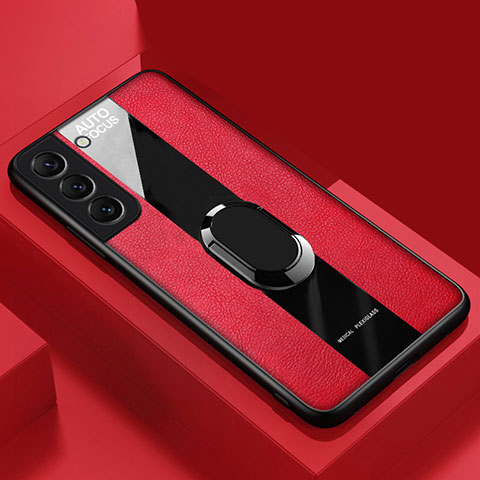 Coque Silicone Gel Motif Cuir Housse Etui avec Support Bague Anneau Aimante Magnetique S04 pour Samsung Galaxy S21 Plus 5G Rouge