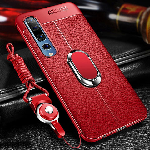 Coque Silicone Gel Motif Cuir Housse Etui avec Support Bague Anneau Aimante Magnetique S04 pour Xiaomi Mi 10 Rouge