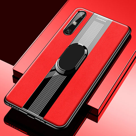 Coque Silicone Gel Motif Cuir Housse Etui avec Support Bague Anneau Aimante Magnetique S05 pour Huawei Enjoy 10e Rouge