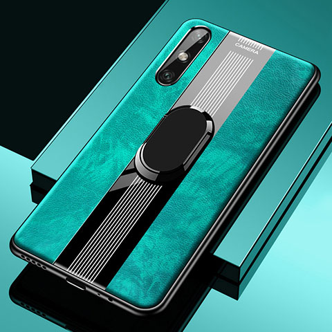 Coque Silicone Gel Motif Cuir Housse Etui avec Support Bague Anneau Aimante Magnetique S05 pour Huawei Enjoy 10e Vert