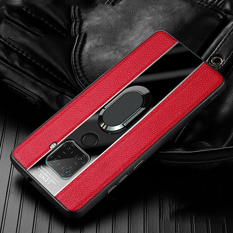 Coque Silicone Gel Motif Cuir Housse Etui avec Support Bague Anneau Aimante Magnetique S05 pour Huawei Nova 5i Pro Rouge