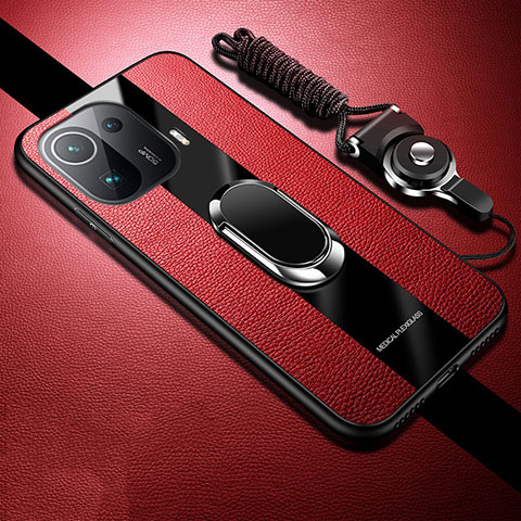 Coque Silicone Gel Motif Cuir Housse Etui avec Support Bague Anneau Aimante Magnetique S05 pour Xiaomi Mi 11 Pro 5G Rouge