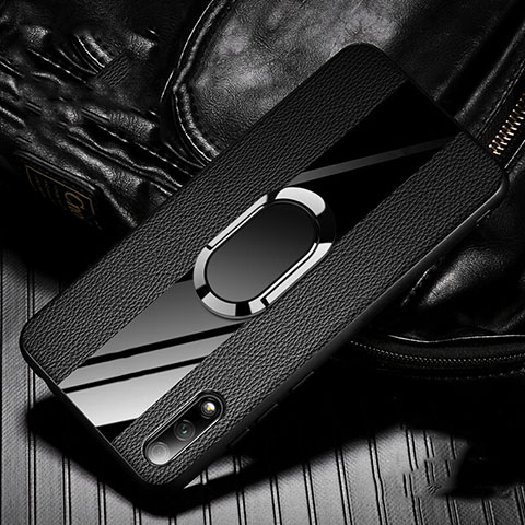 Coque Silicone Gel Motif Cuir Housse Etui avec Support Bague Anneau Aimante Magnetique S06 pour Huawei Honor 9X Noir