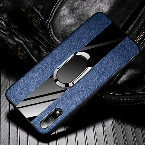 Coque Silicone Gel Motif Cuir Housse Etui avec Support Bague Anneau Aimante Magnetique S06 pour Huawei Y9 Prime (2019) Bleu