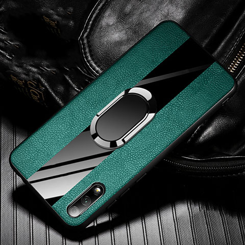 Coque Silicone Gel Motif Cuir Housse Etui avec Support Bague Anneau Aimante Magnetique S06 pour Huawei Y9 Prime (2019) Vert