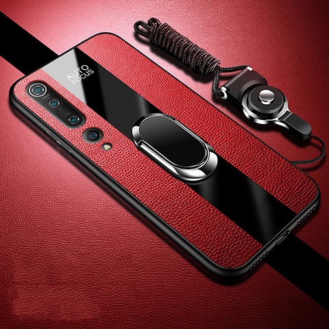 Coque Silicone Gel Motif Cuir Housse Etui avec Support Bague Anneau Aimante Magnetique S07 pour Xiaomi Mi 10 Rouge