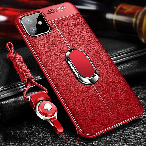 Coque Silicone Gel Motif Cuir Housse Etui avec Support Bague Anneau Aimante Magnetique T01 pour Apple iPhone 11 Rouge