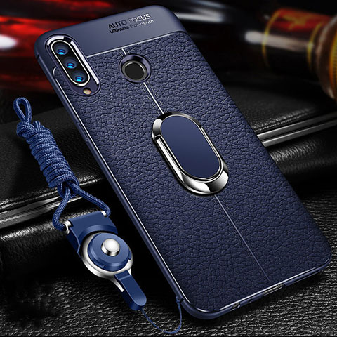 Coque Silicone Gel Motif Cuir Housse Etui avec Support Bague Anneau Aimante Magnetique T01 pour Huawei Honor 10i Bleu