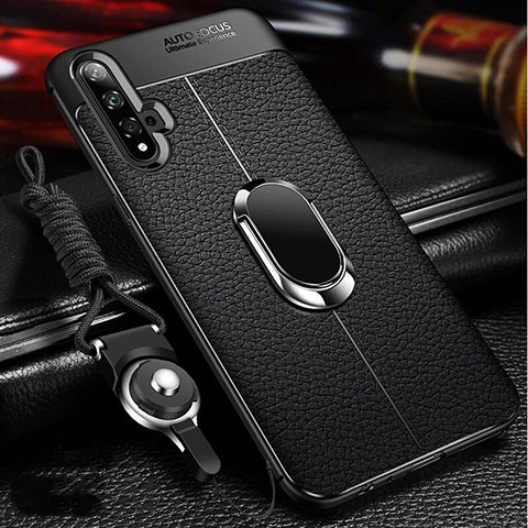 Coque Silicone Gel Motif Cuir Housse Etui avec Support Bague Anneau Aimante Magnetique T01 pour Huawei Honor 20 Noir