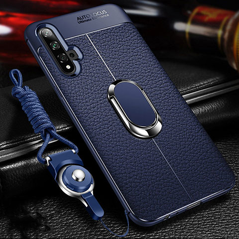 Coque Silicone Gel Motif Cuir Housse Etui avec Support Bague Anneau Aimante Magnetique T01 pour Huawei Honor 20S Bleu