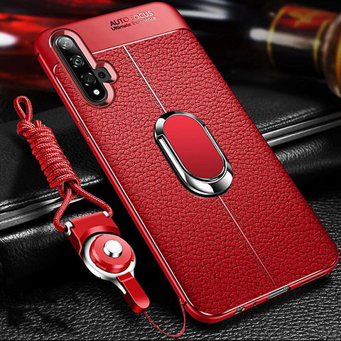 Coque Silicone Gel Motif Cuir Housse Etui avec Support Bague Anneau Aimante Magnetique T01 pour Huawei Honor 20S Rouge