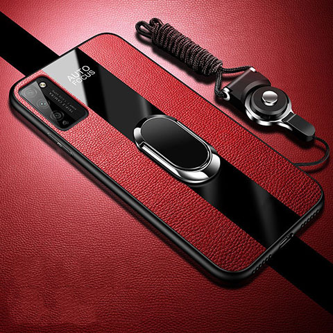 Coque Silicone Gel Motif Cuir Housse Etui avec Support Bague Anneau Aimante Magnetique T01 pour Huawei Honor 30 Lite 5G Rouge