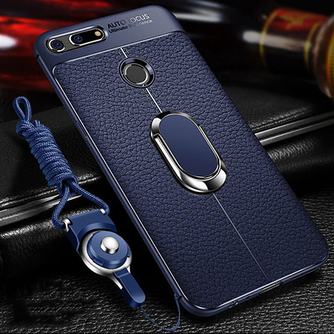 Coque Silicone Gel Motif Cuir Housse Etui avec Support Bague Anneau Aimante Magnetique T01 pour Huawei Honor View 20 Bleu