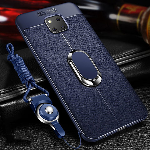 Coque Silicone Gel Motif Cuir Housse Etui avec Support Bague Anneau Aimante Magnetique T01 pour Huawei Mate 20 Pro Bleu