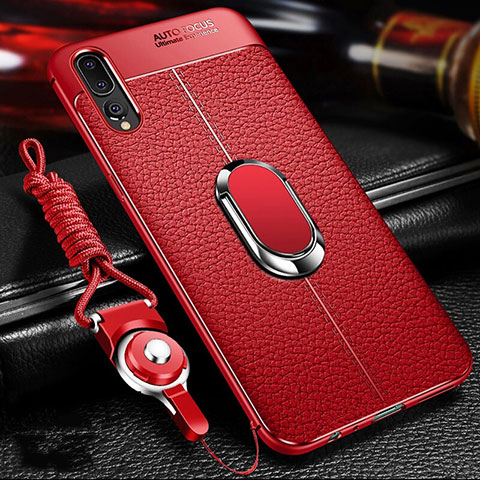 Coque Silicone Gel Motif Cuir Housse Etui avec Support Bague Anneau Aimante Magnetique T01 pour Huawei P20 Pro Rouge