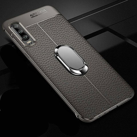 Coque Silicone Gel Motif Cuir Housse Etui avec Support Bague Anneau Aimante Magnetique T01 pour Huawei P30 Gris