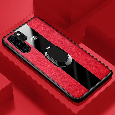 Coque Silicone Gel Motif Cuir Housse Etui avec Support Bague Anneau Aimante Magnetique T01 pour Huawei P30 Pro New Edition Rouge