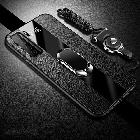 Coque Silicone Gel Motif Cuir Housse Etui avec Support Bague Anneau Aimante Magnetique T01 pour Huawei P40 Lite 5G Noir