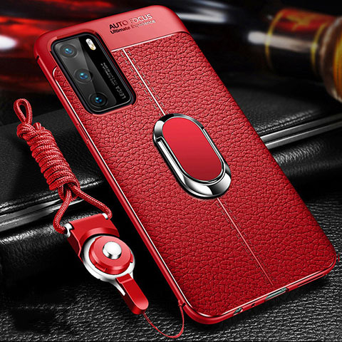 Coque Silicone Gel Motif Cuir Housse Etui avec Support Bague Anneau Aimante Magnetique T01 pour Huawei P40 Rouge