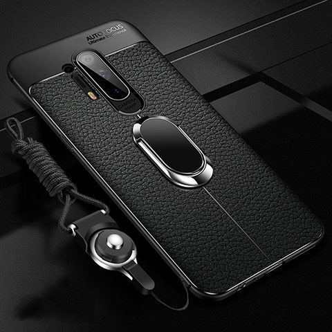 Coque Silicone Gel Motif Cuir Housse Etui avec Support Bague Anneau Aimante Magnetique T01 pour OnePlus 8 Pro Noir