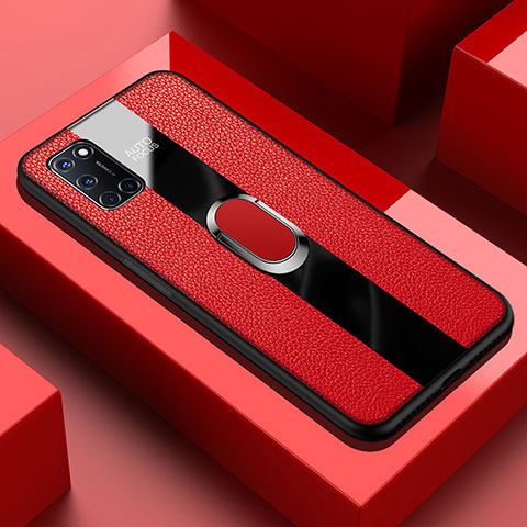 Coque Silicone Gel Motif Cuir Housse Etui avec Support Bague Anneau Aimante Magnetique T01 pour Oppo A52 Rouge