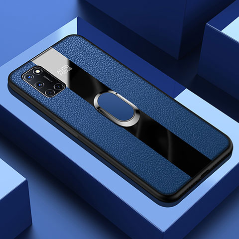 Coque Silicone Gel Motif Cuir Housse Etui avec Support Bague Anneau Aimante Magnetique T01 pour Oppo A72 Bleu