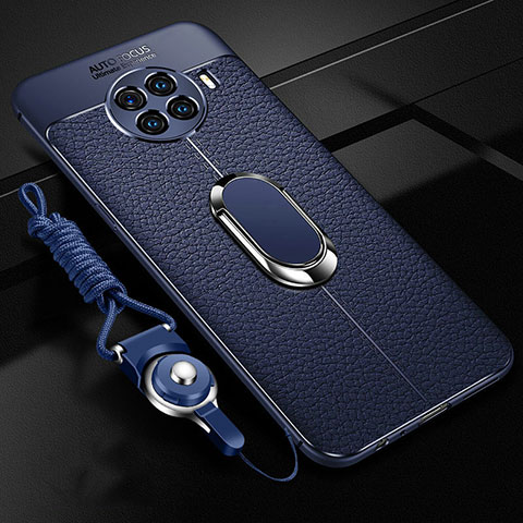 Coque Silicone Gel Motif Cuir Housse Etui avec Support Bague Anneau Aimante Magnetique T01 pour Oppo Ace2 Bleu