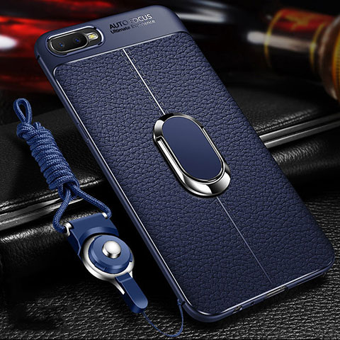 Coque Silicone Gel Motif Cuir Housse Etui avec Support Bague Anneau Aimante Magnetique T01 pour Oppo K1 Bleu