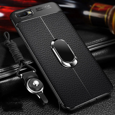 Coque Silicone Gel Motif Cuir Housse Etui avec Support Bague Anneau Aimante Magnetique T01 pour Oppo R15X Noir