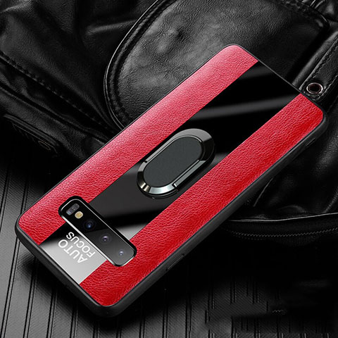 Coque Silicone Gel Motif Cuir Housse Etui avec Support Bague Anneau Aimante Magnetique T01 pour Samsung Galaxy S10 Rouge