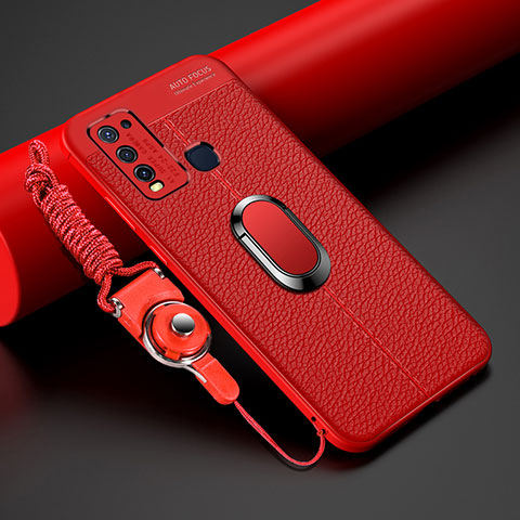 Coque Silicone Gel Motif Cuir Housse Etui avec Support Bague Anneau Aimante Magnetique T01 pour Vivo Y50 Rouge