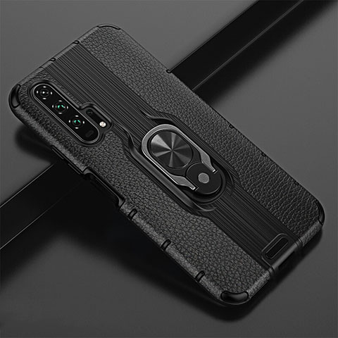 Coque Silicone Gel Motif Cuir Housse Etui avec Support Bague Anneau Aimante Magnetique T02 pour Huawei Honor 20 Pro Noir