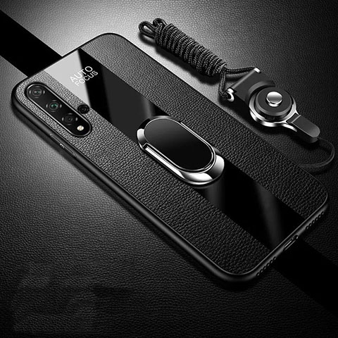 Coque Silicone Gel Motif Cuir Housse Etui avec Support Bague Anneau Aimante Magnetique T02 pour Huawei Nova 5 Noir