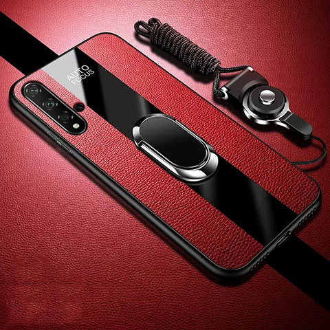 Coque Silicone Gel Motif Cuir Housse Etui avec Support Bague Anneau Aimante Magnetique T02 pour Huawei Nova 5 Rouge