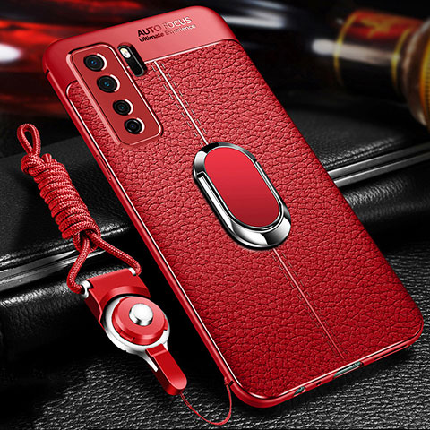 Coque Silicone Gel Motif Cuir Housse Etui avec Support Bague Anneau Aimante Magnetique T02 pour Huawei Nova 7 SE 5G Rouge