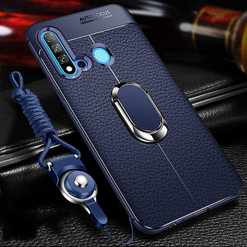 Coque Silicone Gel Motif Cuir Housse Etui avec Support Bague Anneau Aimante Magnetique T02 pour Huawei P20 Lite (2019) Bleu