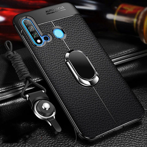 Coque Silicone Gel Motif Cuir Housse Etui avec Support Bague Anneau Aimante Magnetique T02 pour Huawei P20 Lite (2019) Noir