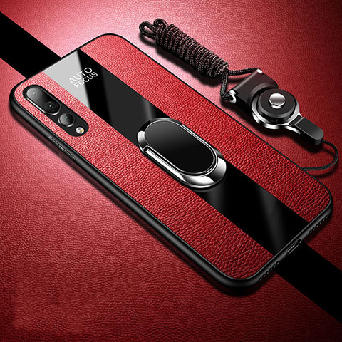 Coque Silicone Gel Motif Cuir Housse Etui avec Support Bague Anneau Aimante Magnetique T02 pour Huawei P20 Pro Rouge