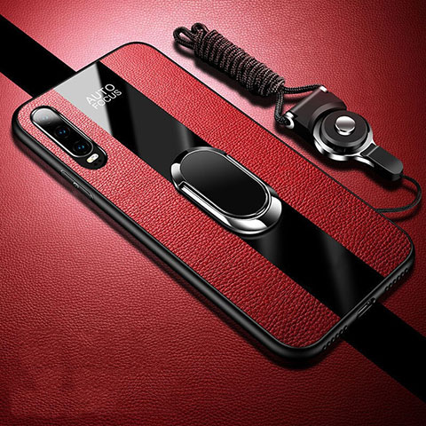 Coque Silicone Gel Motif Cuir Housse Etui avec Support Bague Anneau Aimante Magnetique T02 pour Huawei P30 Rouge