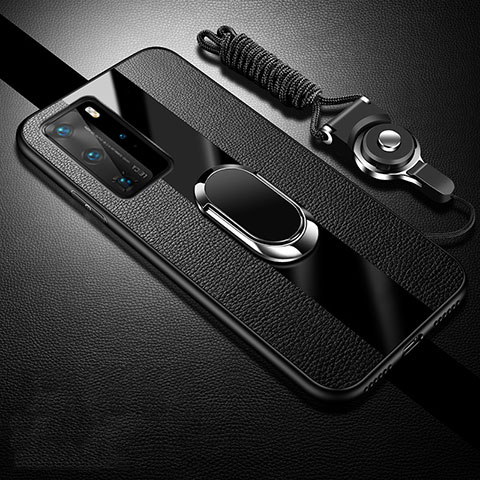 Coque Silicone Gel Motif Cuir Housse Etui avec Support Bague Anneau Aimante Magnetique T02 pour Huawei P40 Pro Noir