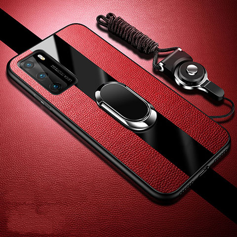 Coque Silicone Gel Motif Cuir Housse Etui avec Support Bague Anneau Aimante Magnetique T02 pour Huawei P40 Rouge