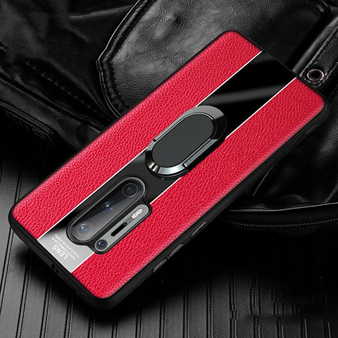 Coque Silicone Gel Motif Cuir Housse Etui avec Support Bague Anneau Aimante Magnetique T02 pour OnePlus 8 Pro Rouge