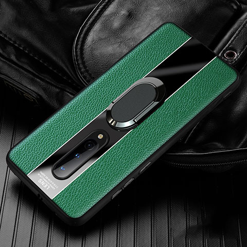 Coque Silicone Gel Motif Cuir Housse Etui avec Support Bague Anneau Aimante Magnetique T02 pour OnePlus 8 Vert