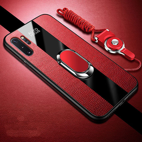 Coque Silicone Gel Motif Cuir Housse Etui avec Support Bague Anneau Aimante Magnetique T02 pour Samsung Galaxy Note 10 Plus 5G Rouge