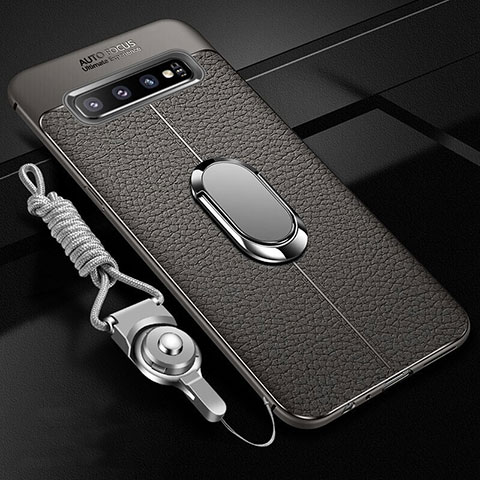 Coque Silicone Gel Motif Cuir Housse Etui avec Support Bague Anneau Aimante Magnetique T02 pour Samsung Galaxy S10 5G Gris