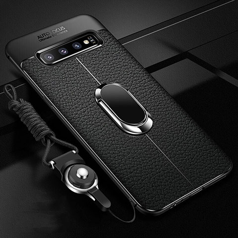 Coque Silicone Gel Motif Cuir Housse Etui avec Support Bague Anneau Aimante Magnetique T02 pour Samsung Galaxy S10 Noir