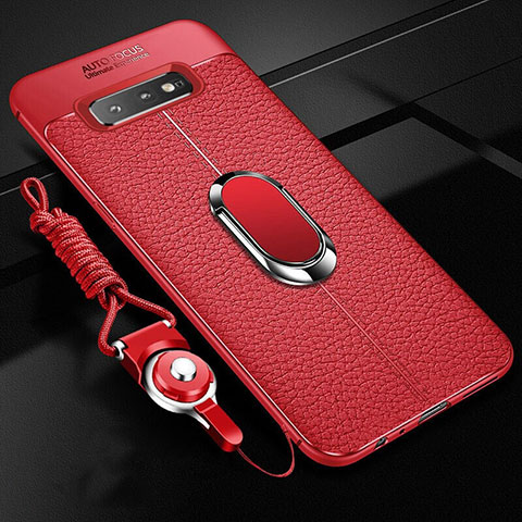 Coque Silicone Gel Motif Cuir Housse Etui avec Support Bague Anneau Aimante Magnetique T02 pour Samsung Galaxy S10 Plus Rouge